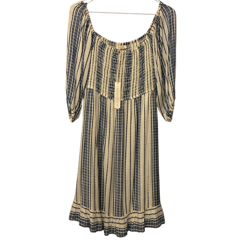 Lovestitch Smocked Midi Dress Blue Cream Striped Cottagecore NWT Small